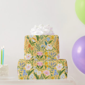 Vintage Floral Botanical Pink Yellow Blue Wrapping Paper