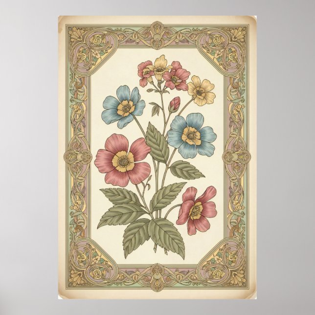 Vintage Floral Botanical Poster in Retro Pastel (Front)