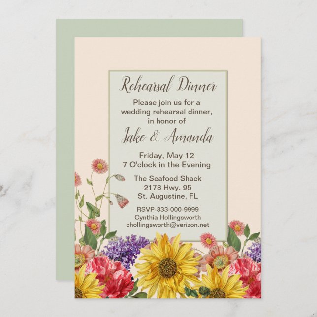 Vintage Floral Botanicals Wedding Rehearsal Dinner Invitation (Front/Back)