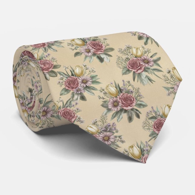 Vintage Floral Bouquet Pattern Tie (Rolled)