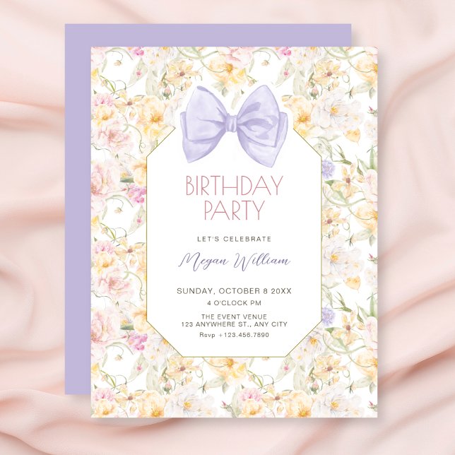 Vintage floral bow birthday invitation (Creator Uploaded)