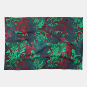 Vintage Floral  Bright Burgundy Emerald Green Tea Towel