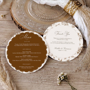 Vintage Floral Brown Cream Thank You Round Wedding Menu
