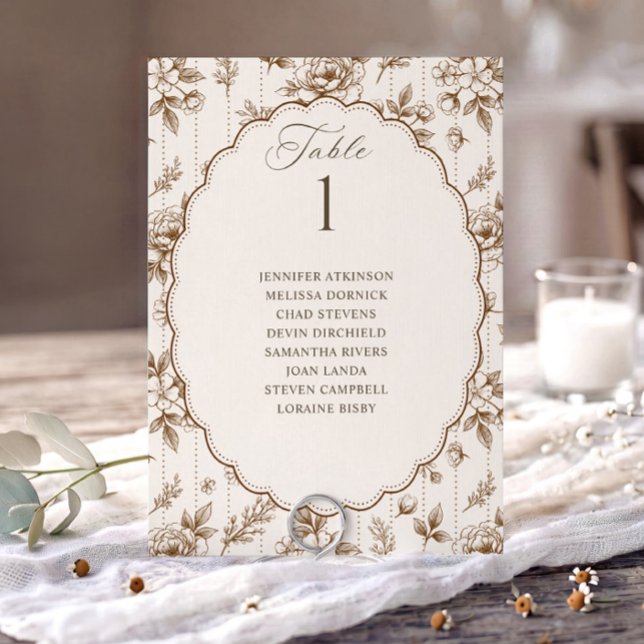Vintage Floral Brown & Cream Wedding Seating Chart (Brown & cream French floral wedding seating chart card with oval scalloped frame.)