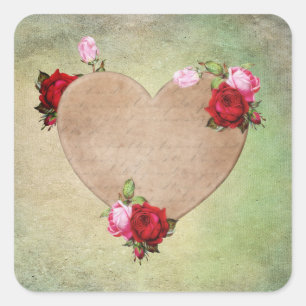 Vintage Floral Brown Heart with Red Pink Roses  Sq Square Sticker