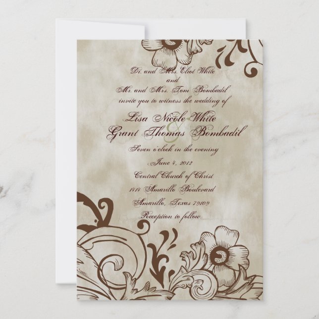 Vintage Floral Brown Wedding Invitation (Front)