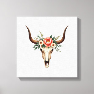 Vintage Floral Bull Skull Boho Western Botanical I Canvas Print