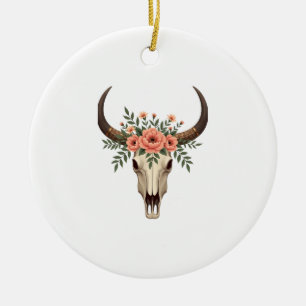 Vintage Floral Bull Skull Boho Western Botanical I Ceramic Tree Decoration