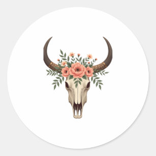 Vintage Floral Bull Skull Boho Western Botanical I Classic Round Sticker