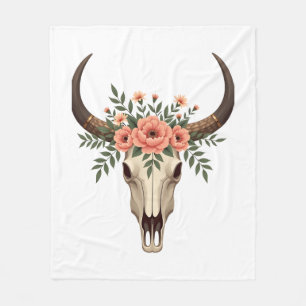 Vintage Floral Bull Skull Boho Western Botanical I Fleece Blanket