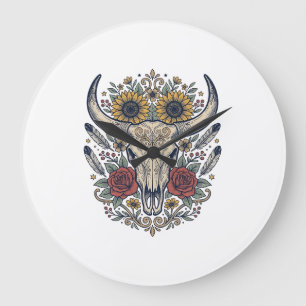 Vintage Floral Bull Skull Western Large Clock