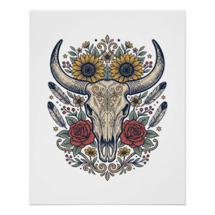Vintage Floral Bull Skull Western Poster