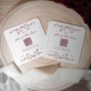Vintage Floral Burgundy Dark Red Wedding QR Code Square Paper Coaster