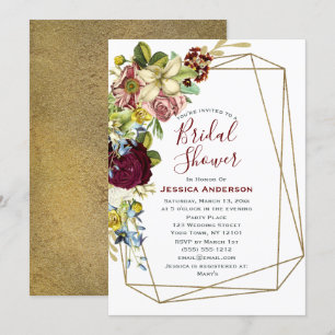 Vintage Floral Burgundy Gold Bridal Shower Invitation