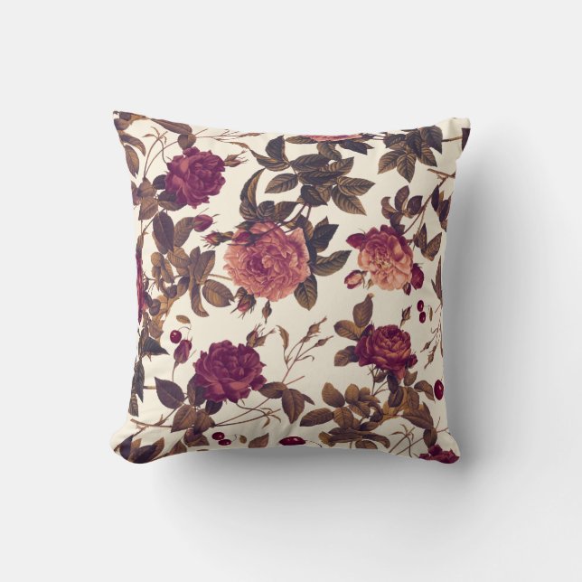 Vintage Floral Burgundy Rose Cherry Throw Pillow (Front)