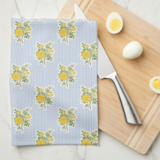 Vintage Floral Buttercups Blue Striped Tea Towel