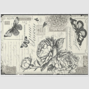 Vintage Floral Butterfly Black White For Artist Tissue Paper