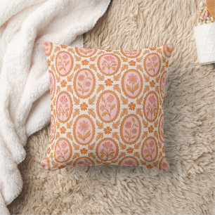 Vintage Floral Cameo Pattern In Pink & Orange Cushion