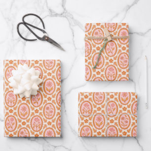 Vintage Floral Cameo Pattern In Pink & Orange Wrapping Paper Sheet