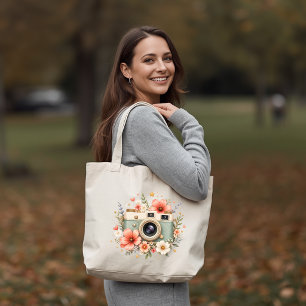 Vintage Floral Camera Botanical Large Tote Bag