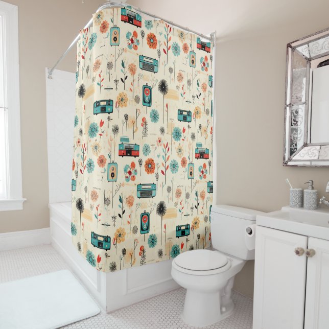 Vintage Floral & Camera Pattern (2) Shower Curtain (In Situ)