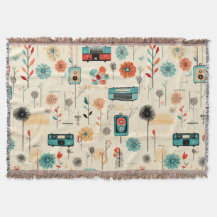 Vintage Floral & Camera Pattern (2) Throw Blanket