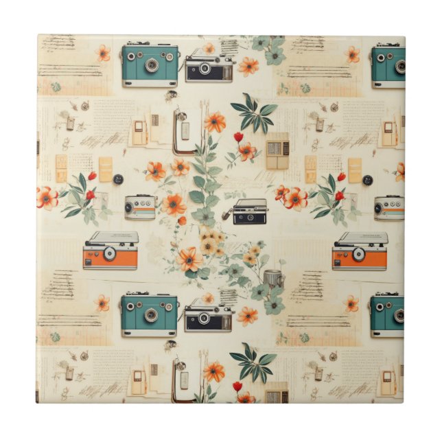 Vintage Floral & Camera Pattern (6) Tile (Front)