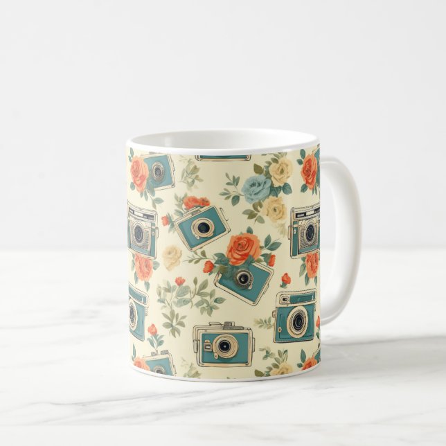 Vintage Floral & Camera Pattern Coffee Mug (Front Right)