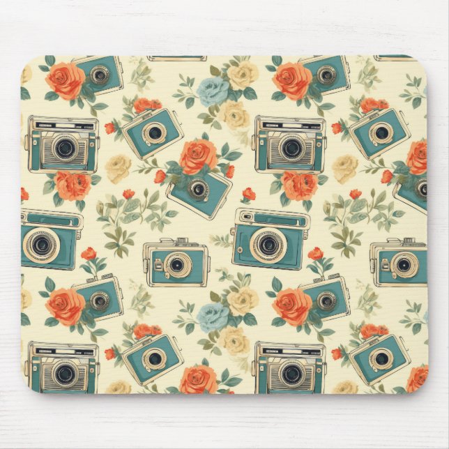 Vintage Floral & Camera Pattern Mouse Mat (Front)