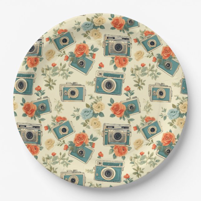 Vintage Floral & Camera Pattern Paper Plate (Front)