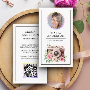 Vintage Floral Camera Photo QR Code Photographer Business Card