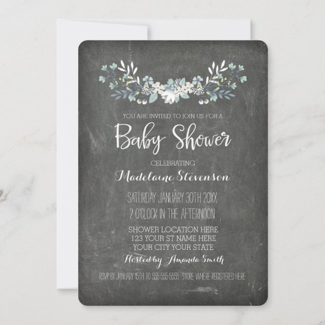 Vintage Floral Chalkboard Baby Shower Invitations (Back)