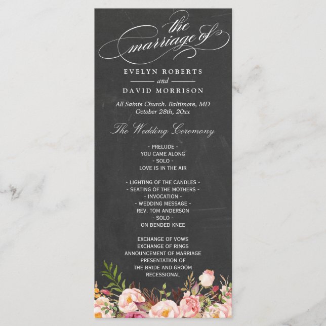 Vintage Floral Chalkboard Script Wedding Program Programme (Front)