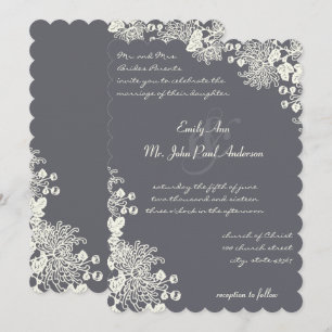 Vintage Floral Charcoal and Ivory Wedding Invites