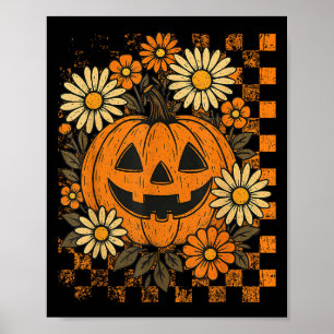 Vintage Floral Chequered Boho Pumpkin Cute Hallowe Poster