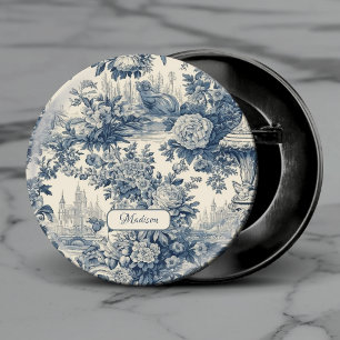 Vintage floral chic Blue toile de jouy monogram 3 Cm Round Badge