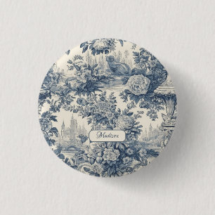 Vintage floral chic Blue toile de jouy monogram 3 Cm Round Badge