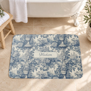 Vintage floral chic Blue toile de jouy monogram Bath Mat