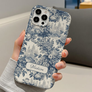 Vintage floral chic Blue toile de jouy monogram iPhone 16 Case