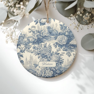 Vintage floral chic Blue toile de jouy monogram Ceramic Tree Decoration