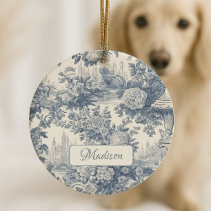 Vintage floral chic Blue toile de jouy monogram Ceramic Tree Decoration