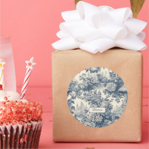 Vintage floral chic Blue toile de jouy monogram Classic Round Sticker