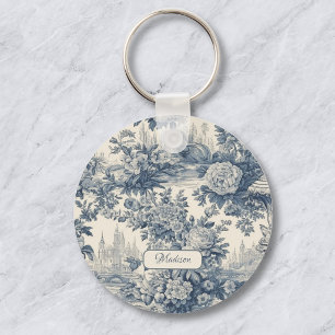 Vintage floral chic Blue toile de jouy monogram Key Ring