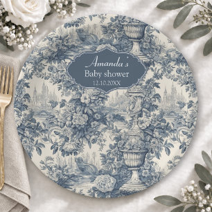 Vintage floral chic Blue toile de jouy monogram Paper Plate