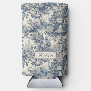 Vintage floral chic Blue toile de jouy monogram Seltzer Can Cooler