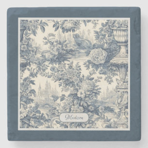 Vintage floral chic Blue toile de jouy monogram Stone Coaster
