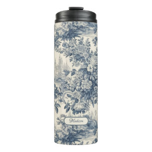 Vintage floral chic Blue toile de jouy monogram Thermal Tumbler