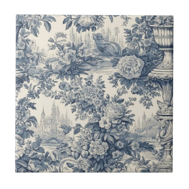 Vintage floral chic Blue toile de jouy monogram Tile (Front)