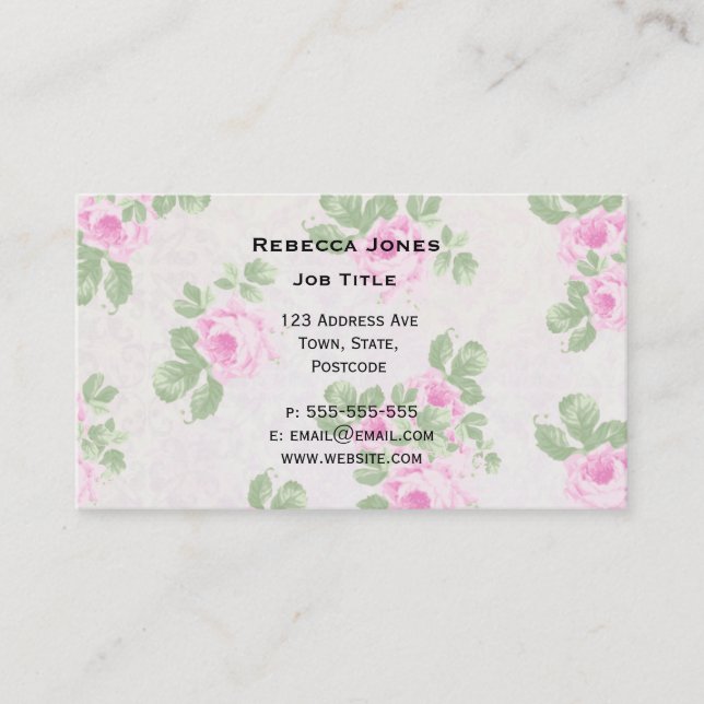 Vintage floral chic pink roses business card (Front)