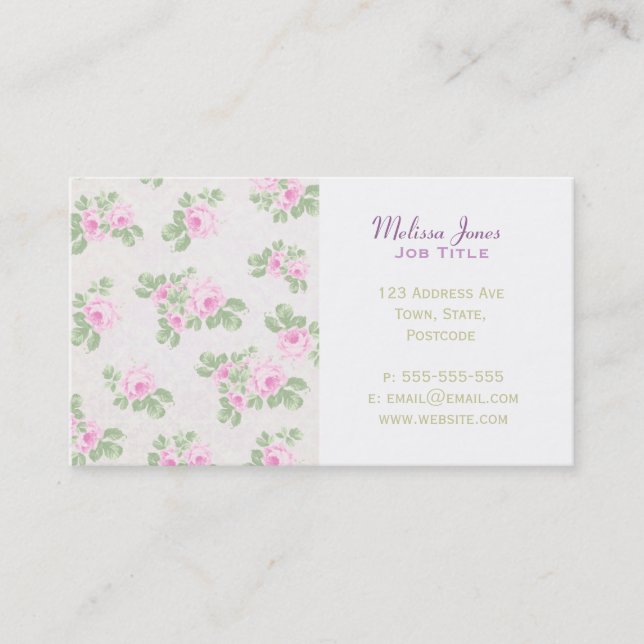 Vintage floral chic pink roses business card (Front)